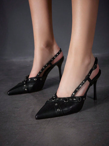 Outdoor Women's Pointed Toe High Heels With Metal Buckle, Pu Leather, Fashionable And Simple Black Strap Shoes