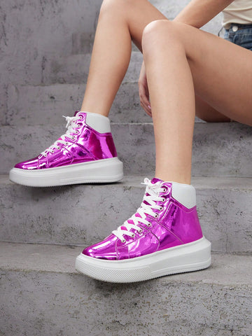 Bright Pink Fashionable Flatform Skate Shoes With Festive Design For Valentine's Day, Christmas And New Year'S Streetwear, Casual, Height Increasing, Warm Winter, Outdoor Shoes