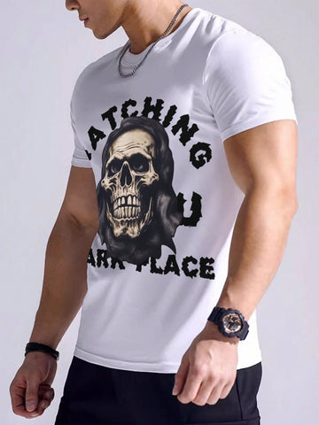 Men's Skull & Letter Printed Short Sleeve Athletic T-Shirt