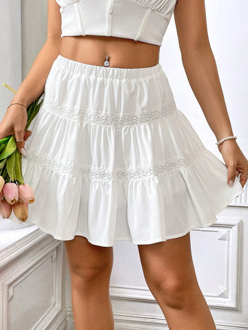 Women Lace Patchwork Lotus Leaf Hem Short Mini Skirt