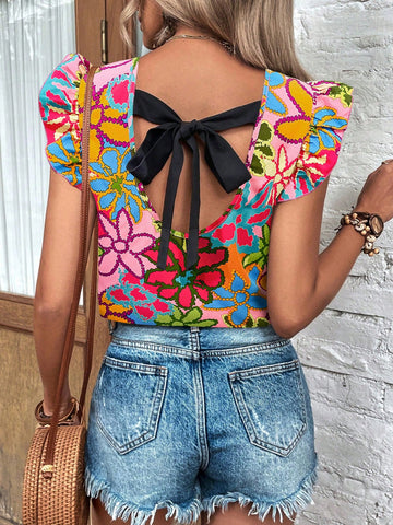 Summer Floral Print Short Butterfly Sleeve Back Tie Blouse