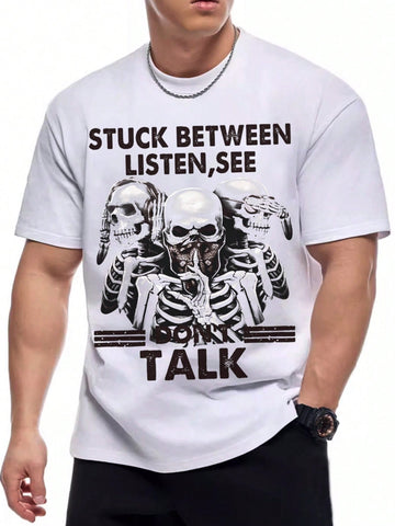 Men's Skull & Letter Print Short Sleeve Sports T-Shirt With Round Neck