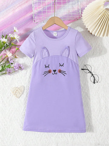 Young Girl Purple Simple Cartoon Embroidered Round Neck Short Sleeve Sleep Dress