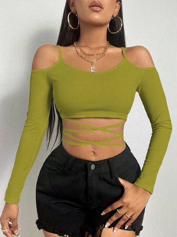 Short Cropped Top With Cut-Out Shoulder Design