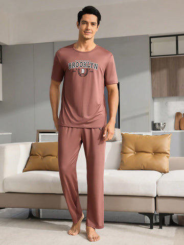 Men Homewear Set Including Letter Print Short Sleeve Round Neck Top And Long Pants