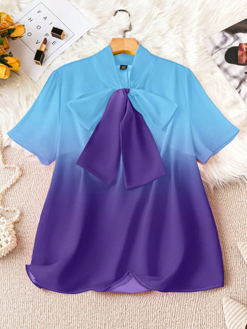 Plus Size Casual Short Sleeve Shirt With Gradual Color And Knot Detailing On Collar For Summer