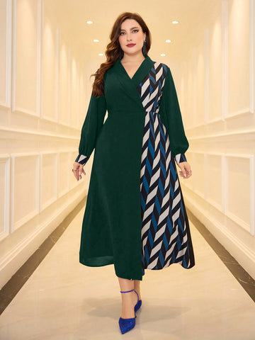 Plus Size Printed Patchwork Long Sleeve Dress With High Collar