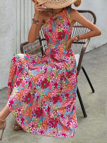 Ladies" Summer Holiday Pink Floral Print Multi-Layer A-Line Long One-Shoulder Dress With Waist Belt