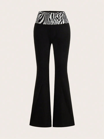 Women's Casual Colorblock Zebra Pattern Wide Waistband Low Rise Flare Pants For Streetwear