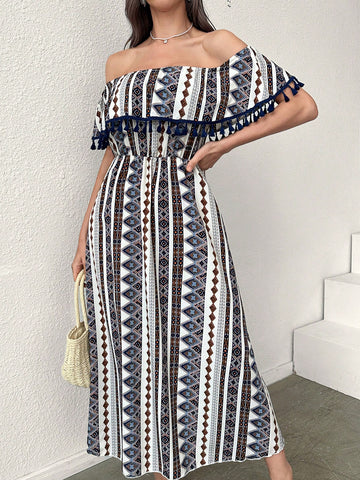 Women Summer Holiday Geometric Printed One-Shoulder Fringe Decorated Dress