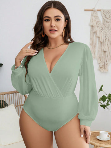 Plus Size Solid Color V-Neck Lantern Sleeve Casual Bodysuit For Everyday Wear