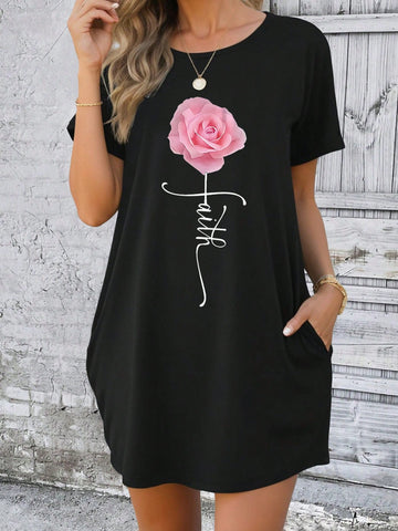 Women Summer Short Sleeve T-Shirt Dress With Letter Floral Print And Round Neckline