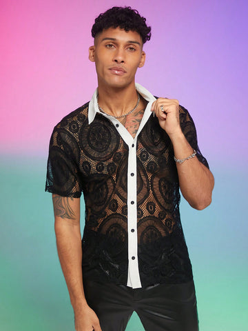 Men Hollow Out Semi-Transparent Button Down Shirt With Colorful Collar, Short Sleeve, Suitable For Music Festival