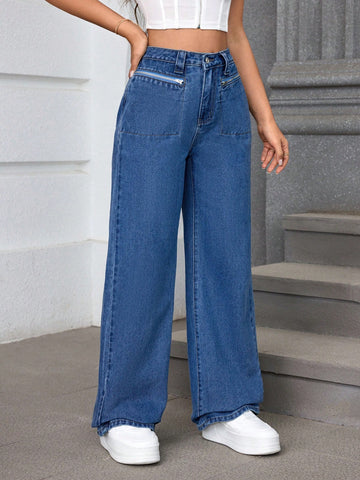 Women Fashionable And Versatile High Waist Loose Straight Wide Leg Jeans