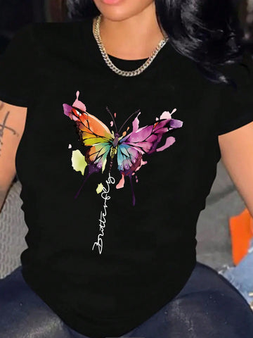 Plus Size Butterfly And Letter Printed Short Sleeve Casual T-Shirt For Summer