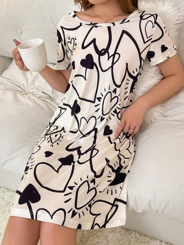 Heart Patterned Short Sleeved Sleeping Dress For Leisure