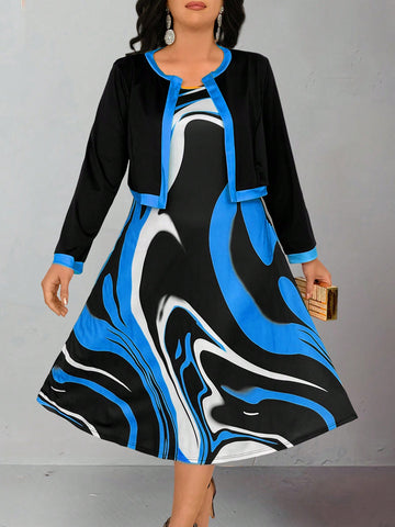 Plus Size Color Block Jacket And Sleeveless Dress With All-Over Print 2pcs/Set