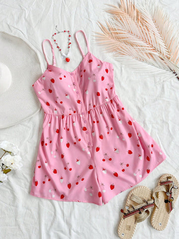 Plus Size Pink Strawberry Print Buttoned Back Slim Fit Romper With Spaghetti Straps For Summer Beach Essentials   Beach Women Dresses Best Sellers Camo  Picnic Women Jumpsuits Going Out Outfits Clothes Beach Stuff Summer Bottoms Summer Cute Summer Dresses