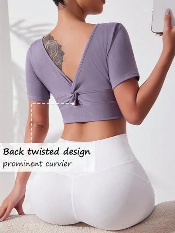 Summer Casual Twist Back Cropped Slim Fit Short Sleeve Sports T-Shirt