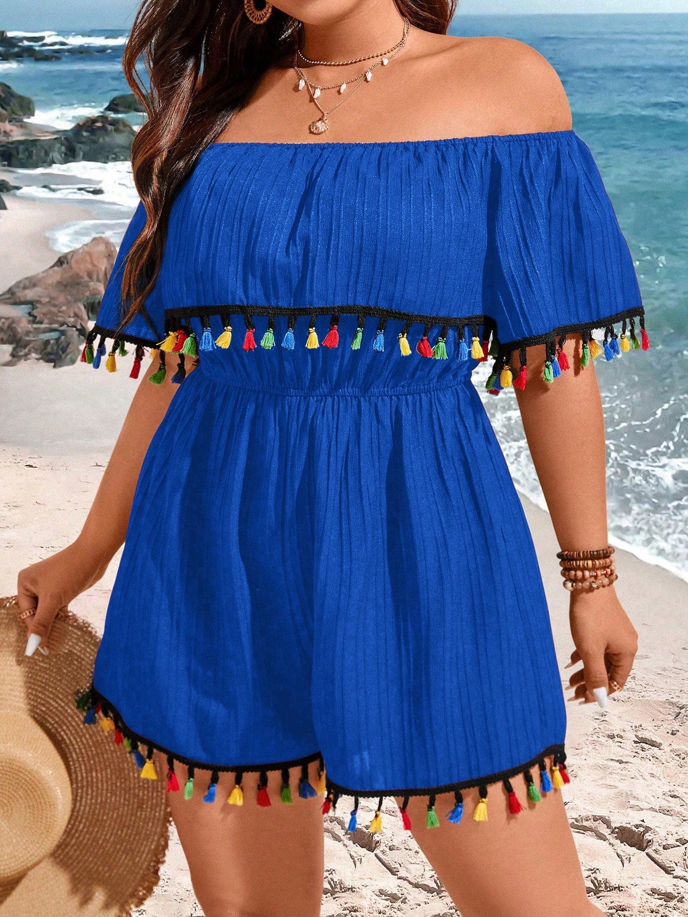 Plus Size Women Fashionable Seaside Vacation Style One Shoulder Tassel Jumpsuit