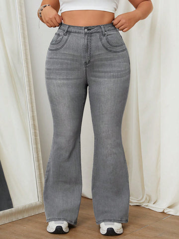 Plus Size Solid Color Denim Flared Pants With Pockets