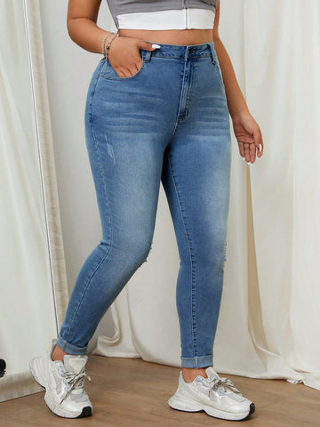 Plus Size Women Slim Fit Light-Wash Cat Whisker Ripped Skinny Jeans