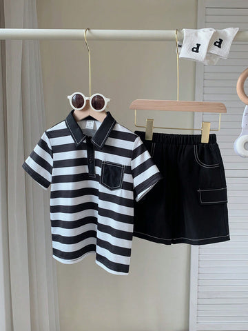 2pcs Young Boys' Street Style Striped & Printed Polo Collar Short Sleeve T-Shirt And Basic Pocket Decorated Shorts Set
