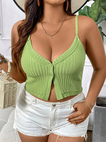 Plus Size Women Summer Knitted Vest Top With Single-Breasted Strap