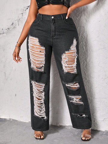 Plus Size Loose Fit Distressed Denim Jeans For Summer