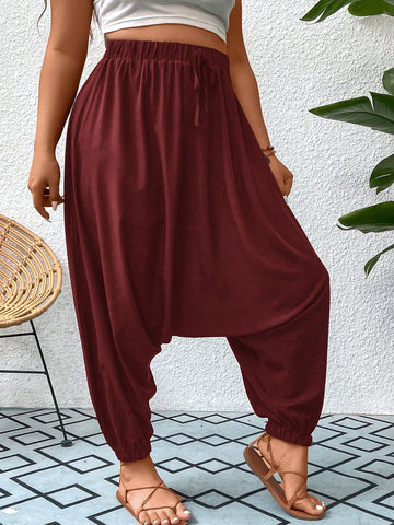 Plus Size Solid Color Loose Casual Daily Pants With Elasticated Cuffs