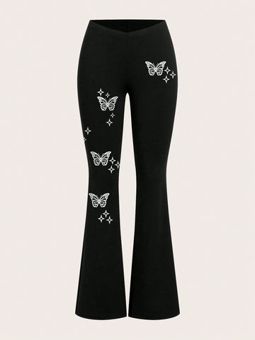 Butterfly Pattern Casual Simple Black Bell-Bottom Skinny Women's Pants