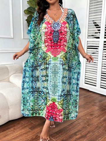 Women Plus Size Colorful Printed Poncho Pullover Top