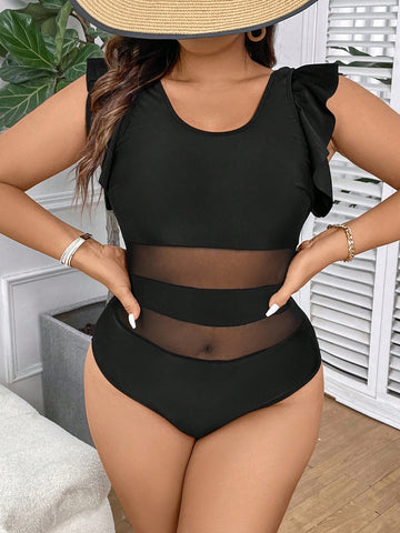 Plus Size Women Solid Color Mesh Splice Ruffle Edged One-Piece Swimsuit