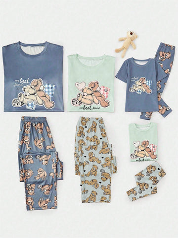 Women's Round Neck Cartoon Bear Printed Short Sleeve And Long Pants 2pcs/Set Family Matching Homewear (4 Sets Sold Separately)