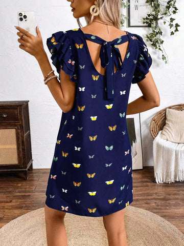 Ladies Allover Print Butterfly Patterned Back Knotted Ruffle Armhole Summer Holiday Dress