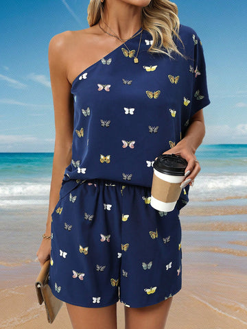 Women's Butterfly Print One Shoulder Batwing Sleeve Top And Shorts Set