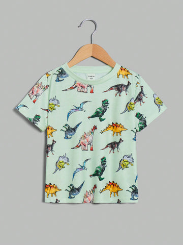 Young Boy Animal Dinosaur Pattern Casual Comfortable Short-Sleeved Top With Small Round Neck