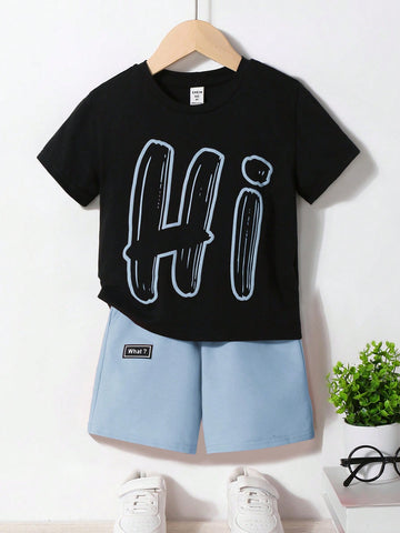 2pcs/Set Young Boys" Casual Sports Fashionable Cute Hi Letter Print Round Neck Black Short Sleeve T-Shirt And Black Shorts With Letter Decor, Suitable For Daily Wear, School, Sports, Spring And Summer