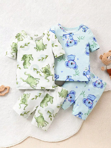 Baby Boy Simple Koala & Frog Print Bibbed Short Sets, Short Sleeve Bodysuit, Hollowed Out, Home Wear