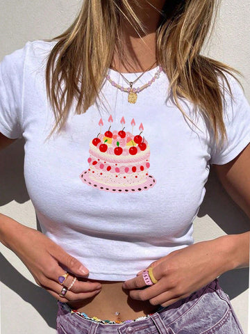 Casual And Minimalist Birthday Cake Printed Round Neck Crop Sleeve Cropped Women T-Shirt, Summer