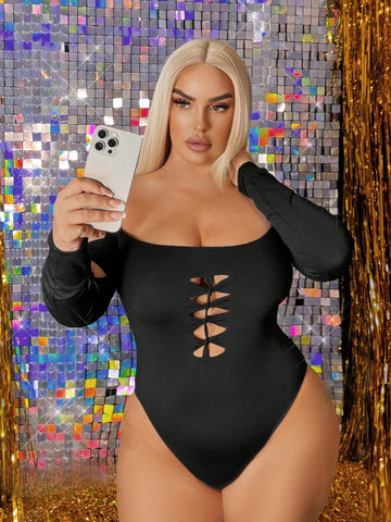 Plus Size Women's Solid Color Off-Shoulder Hollow Out Sexy Bodysuit,Suitable For Summer, Date Night,Birthday,Bachelorette Party Outfit ,Casul,Shopping, Streetwear,Going Out,Vacation,Beach,Coquette,Easy To Match&Looks Slim,Flatter The Figure