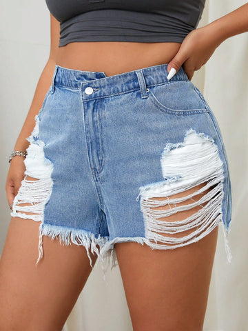 Plus Size Denim Shorts With Frayed Hem, Pockets And Distressed Details