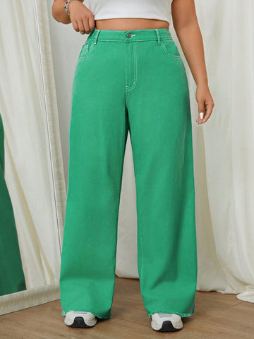 Plus Size Loose-Fit Green Straight Leg Pants Without Elastic