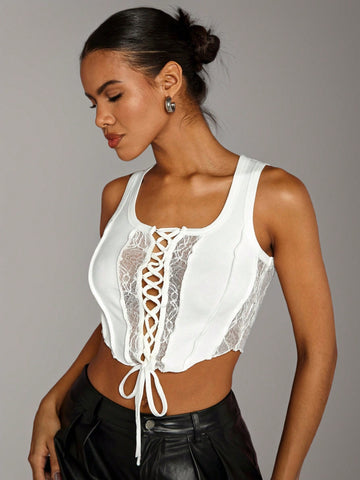 Solid Color Lace Splice Mesh Border Self Tie Crop Tank Top Sleeveless Spring Summer White Ribbed Knitted Women\ Going Out Tops