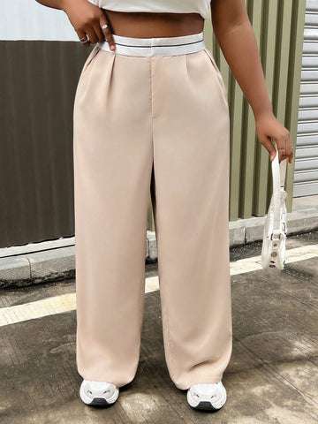 Plus Size Color Block High Waist Pleated Loose Fit Straight Leg Casual Pants