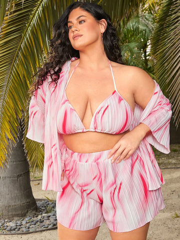 Plus Size Women 3-Piece Set Of Twisted Texture Printed Short-Sleeved Blouse, Short Halter-Neck Vest And Shorts For Casual Summer Outfits,Suitable For Dating,Casul,Shopping, Streetwear,Going Out,Vacation,Beach,Coquette,Easy To Match&Looks Slim