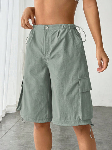 Solid Color Drawstring Waist Flap Pocket Capri Shorts