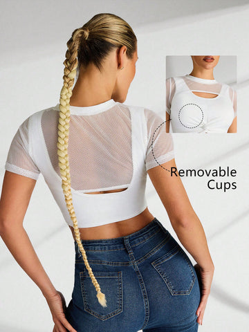 Women's Mesh Patchwork Hollow Out Twist Crop Top For Sports