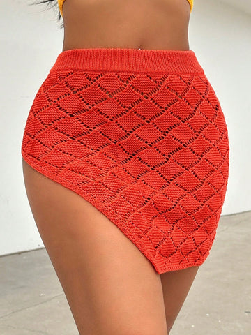 Women Spring/Summer New Sexy Burnt Orange Hollow Out Jacquard Knit Sweater Skirt