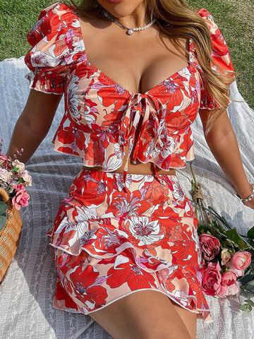 Ladies" Summer Vacation Style Floral Print Front Tie Top And Skirt Set